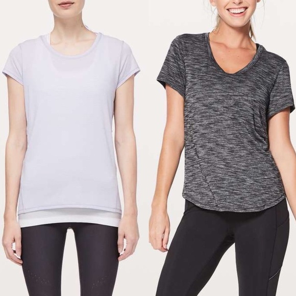 TWO! Lululemon Short Sleeve Tops Size 6 Lilac Black Gym Casual Athleisure.  15 - Picture 1 of 7